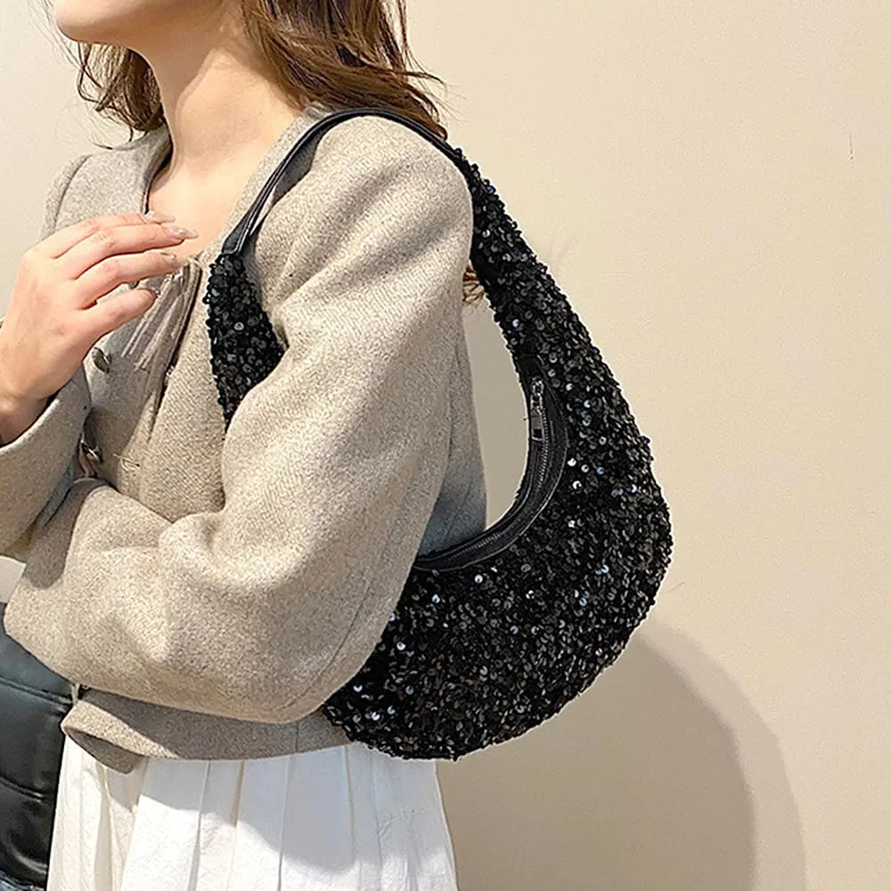 Naimo Womens Sequin Bag Metallic Shoulder Bag Glitter Evening Bag Moon Shape Purse Hobo Handbag Underarm Bag
