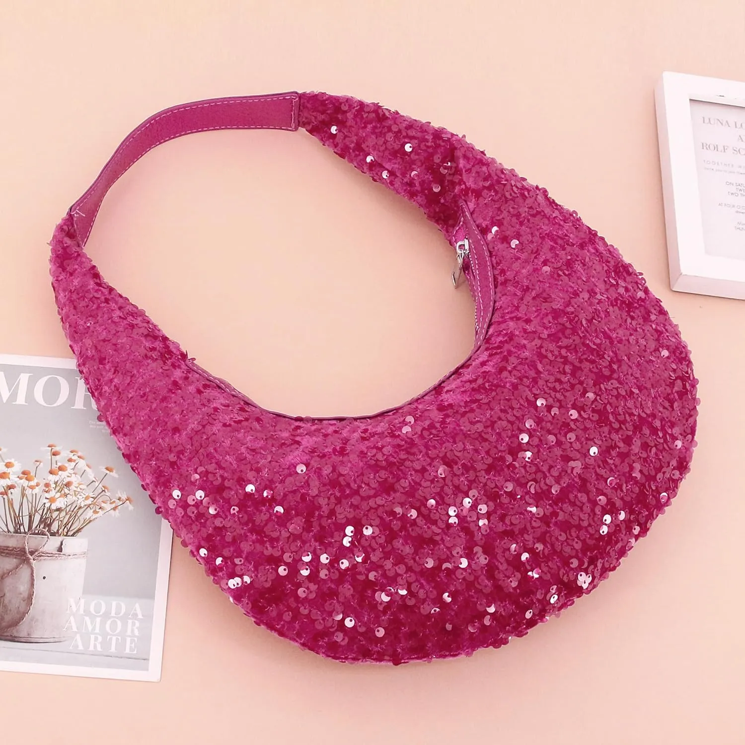 Naimo Womens Sequin Bag Metallic Shoulder Bag Glitter Evening Bag Moon Shape Purse Hobo Handbag Underarm Bag