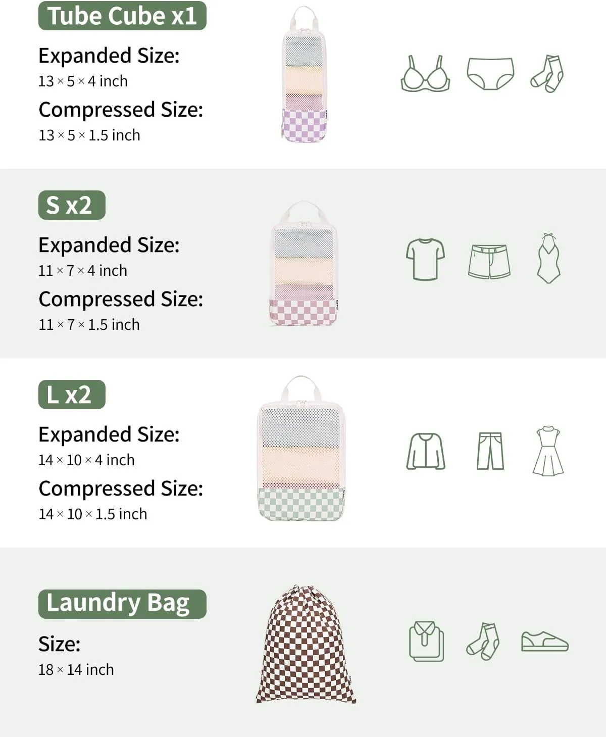Narwey 6 Set Checkered Compression Packing Cubes for Travel Women Kids Carry on, Cute Packing Organizers Bag for Luggage Suitcase Backpack Duffle Bags (Combined Checkered)