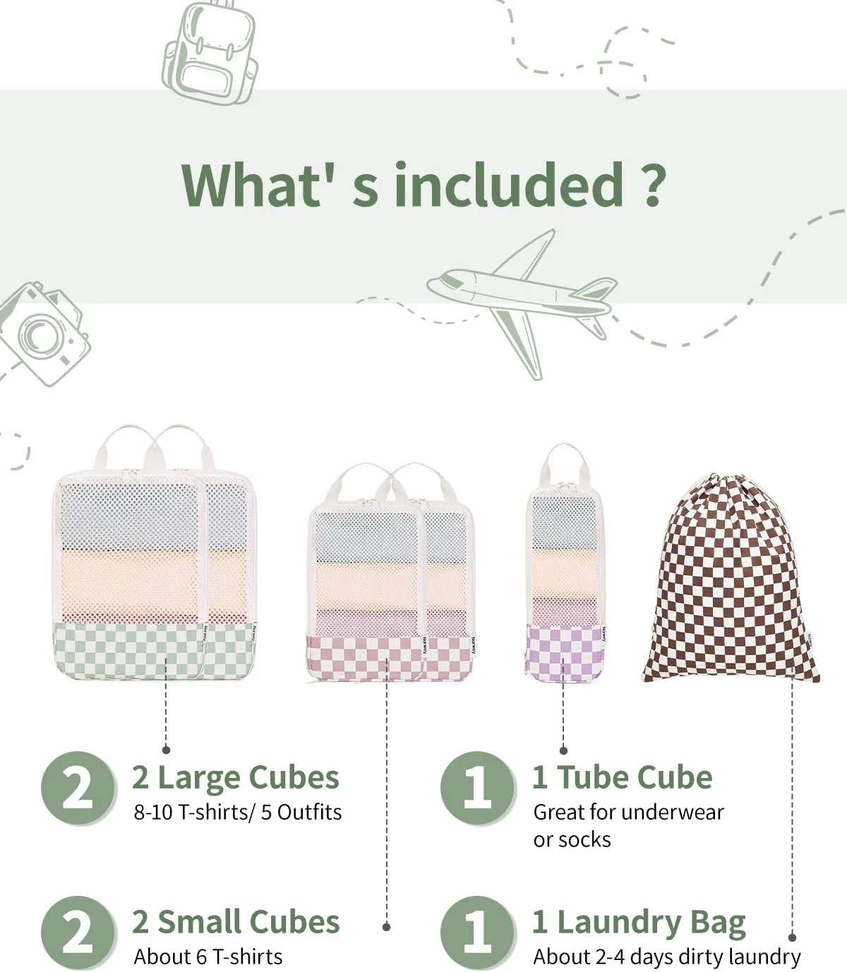 Narwey 6 Set Checkered Compression Packing Cubes for Travel Women Kids Carry on, Cute Packing Organizers Bag for Luggage Suitcase Backpack Duffle Bags (Combined Checkered)