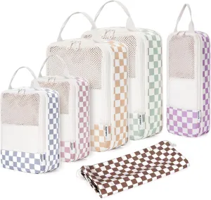Narwey 6 Set Checkered Compression Packing Cubes for Travel Women Kids Carry on, Cute Packing Organizers Bag for Luggage Suitcase Backpack Duffle Bags (Combined Checkered)