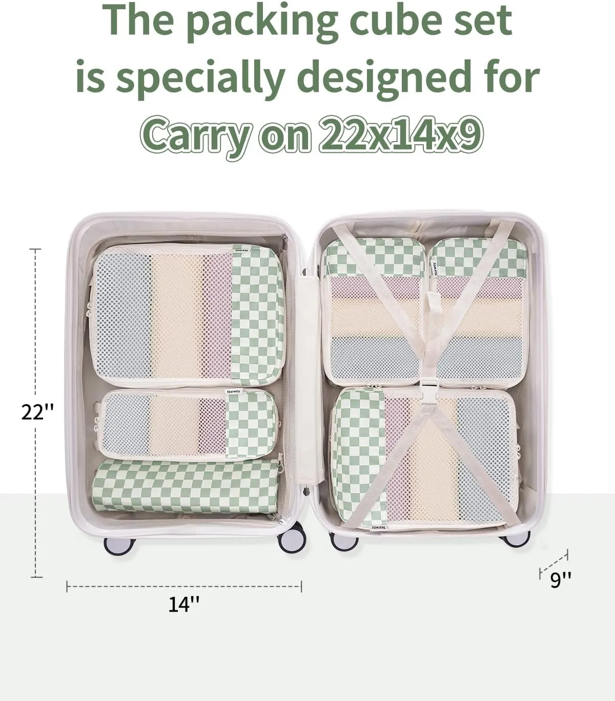 Narwey 6 Set Checkered Compression Packing Cubes for Travel Women Kids Carry on, Cute Packing Organizers Bag for Luggage Suitcase Backpack Duffle Bags (Mint Green Checkerboard)