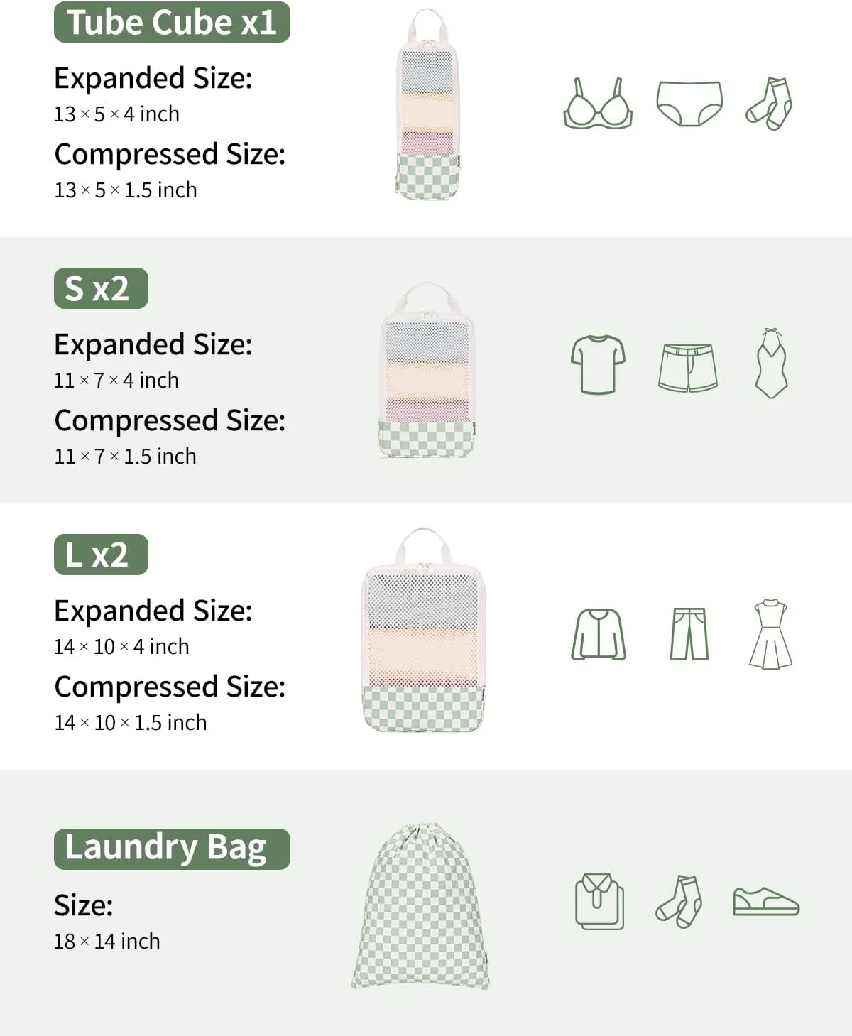 Narwey 6 Set Checkered Compression Packing Cubes for Travel Women Kids Carry on, Cute Packing Organizers Bag for Luggage Suitcase Backpack Duffle Bags (Mint Green Checkerboard)