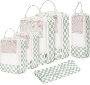 Narwey 6 Set Checkered Compression Packing Cubes for Travel Women Kids Carry on, Cute Packing Organizers Bag for Luggage Suitcase Backpack Duffle Bags (Mint Green Checkerboard)