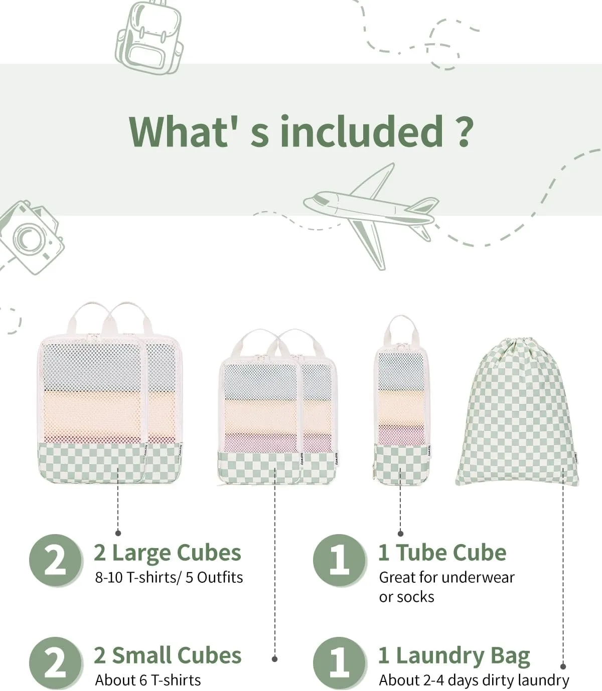 Narwey 6 Set Checkered Compression Packing Cubes for Travel Women Kids Carry on, Cute Packing Organizers Bag for Luggage Suitcase Backpack Duffle Bags (Mint Green Checkerboard)