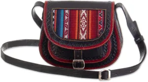 NOVICA Artisan Handcrafted Wool Accent Leather Sling Bag from Peru Handbags Black Red Slings Shoulder Patterned Inca Bohemian ' Trail Companion'