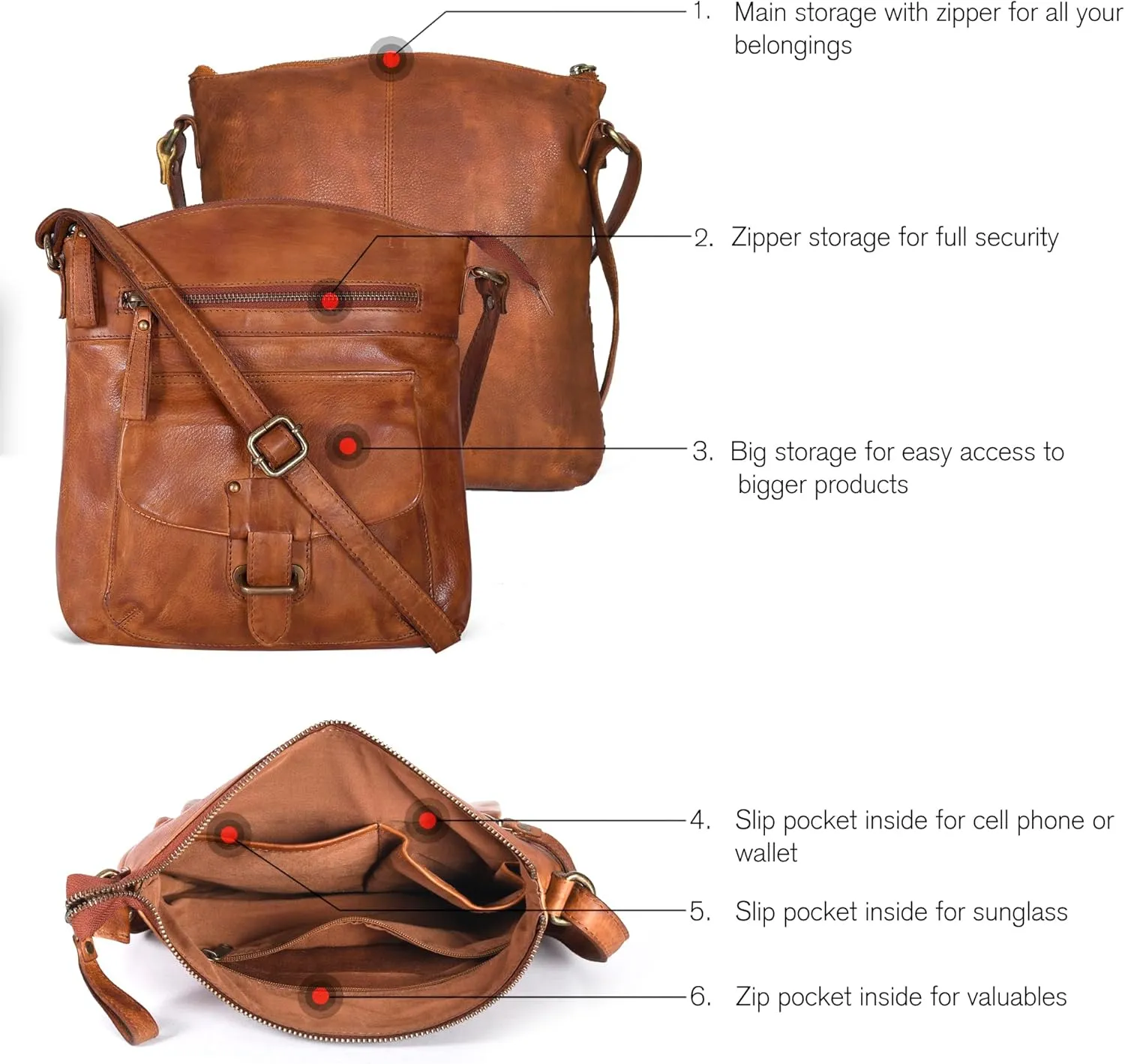 Oak Leathers Leather Crossbody Bag For Women With Adjustable Sling Strap - Medium Size Crossover Shoulder Handbag Purse