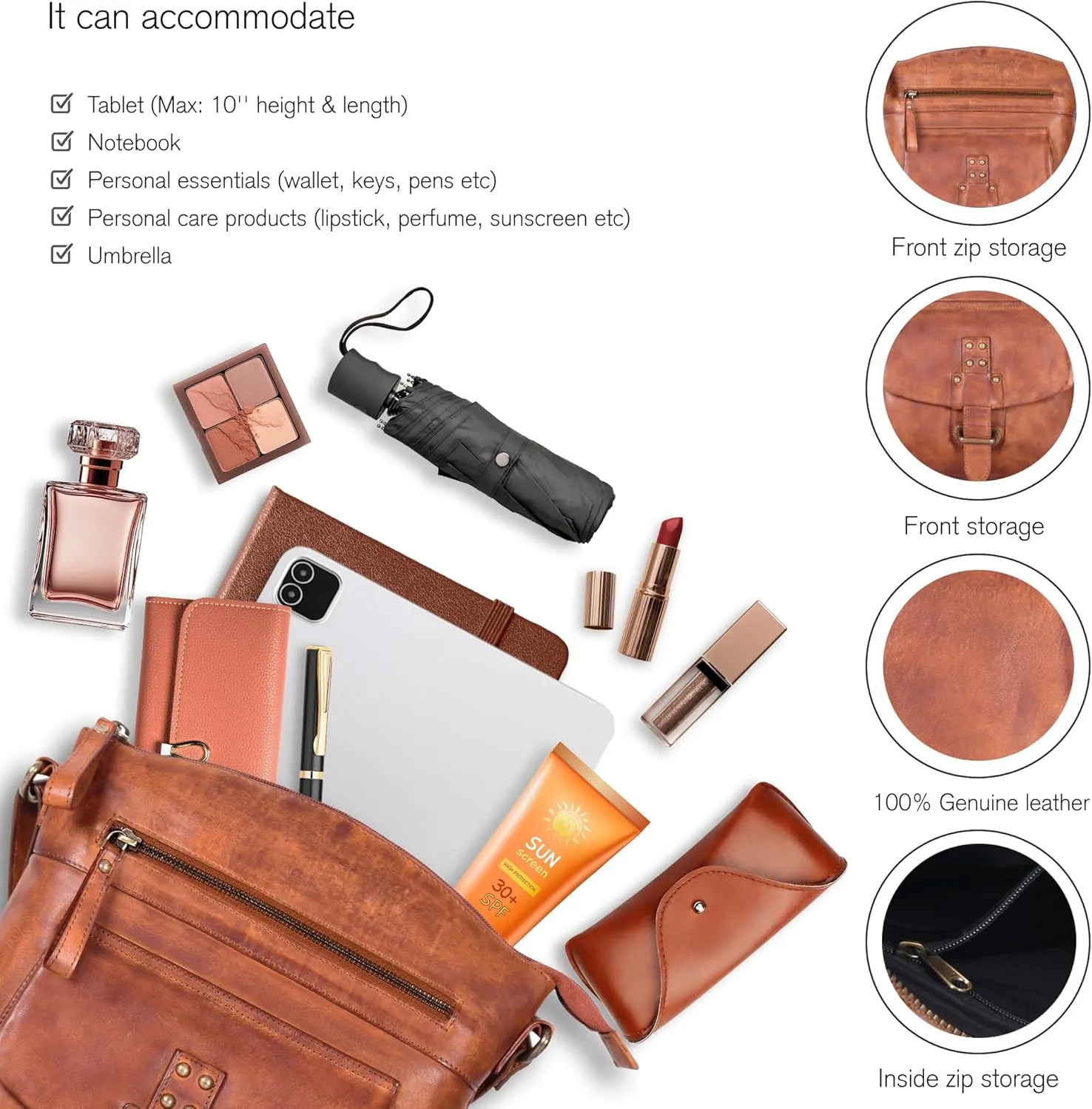 Oak Leathers Leather Crossbody Bag For Women With Adjustable Sling Strap - Medium Size Crossover Shoulder Handbag Purse