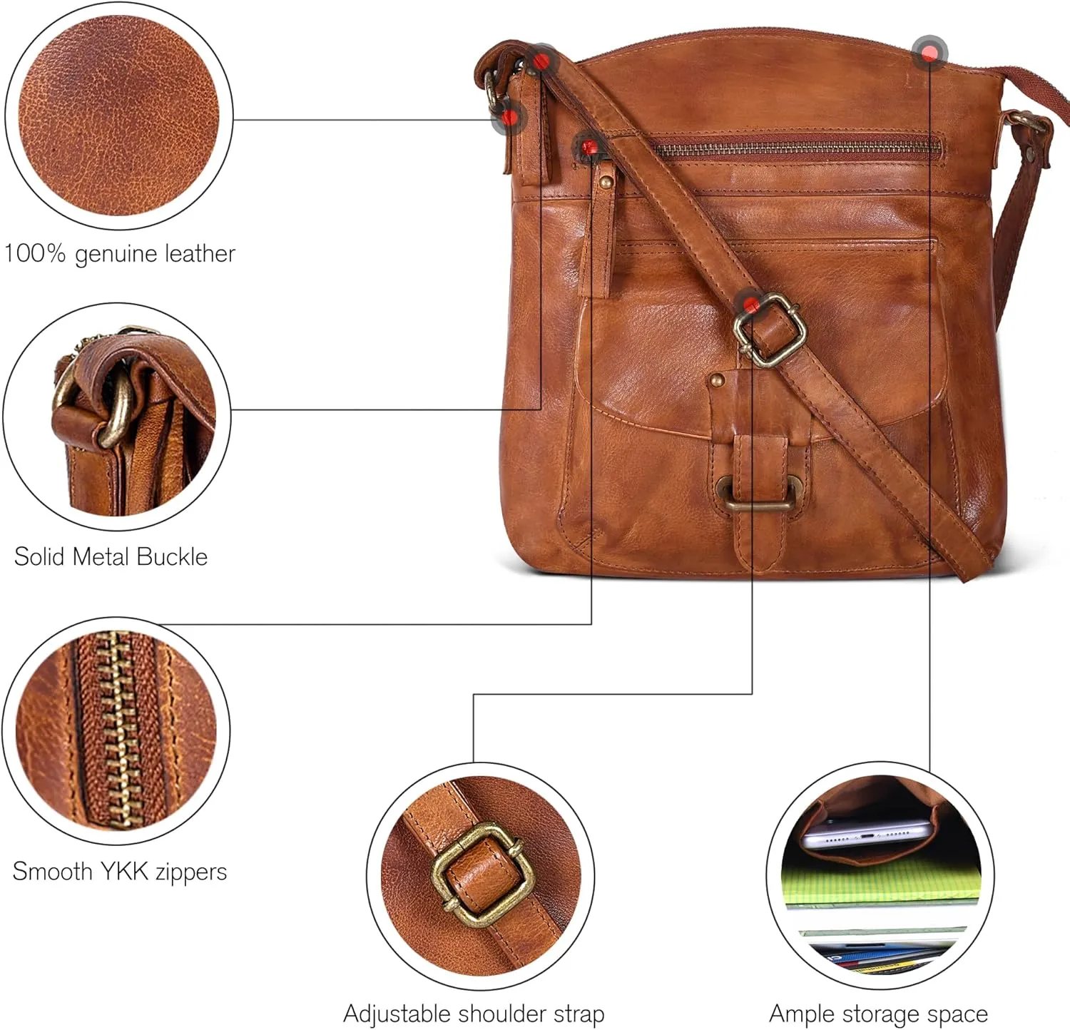 Oak Leathers Leather Crossbody Bag For Women With Adjustable Sling Strap - Medium Size Crossover Shoulder Handbag Purse