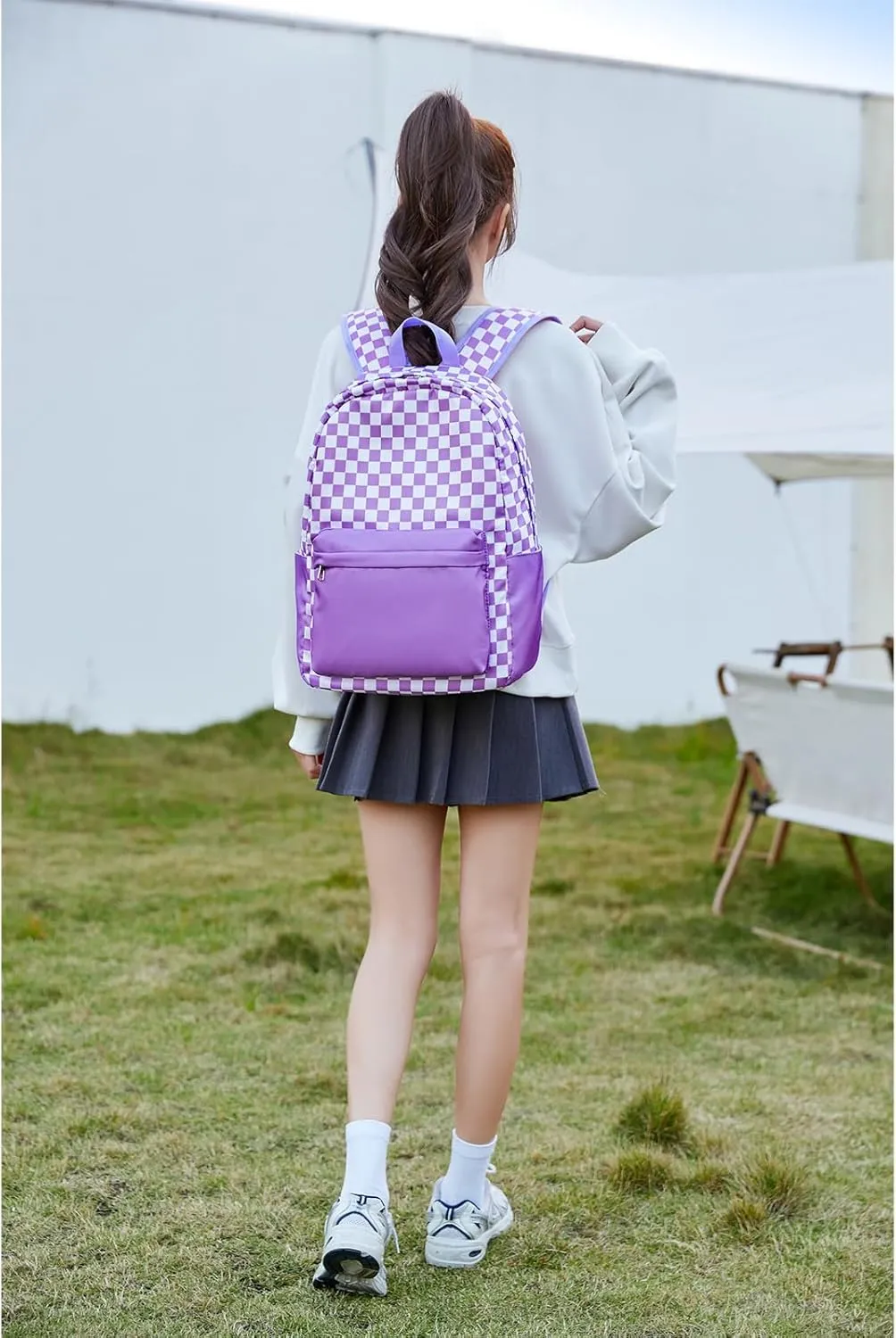 Octsky Kids Backpack for Girls Teens Elementary Middle School Bookbags Childs Back to School Bag with Lunch Box, Purple/White, One Size