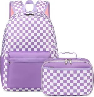 Octsky Kids Backpack for Girls Teens Elementary Middle School Bookbags Childs Back to School Bag with Lunch Box, Purple/White, One Size