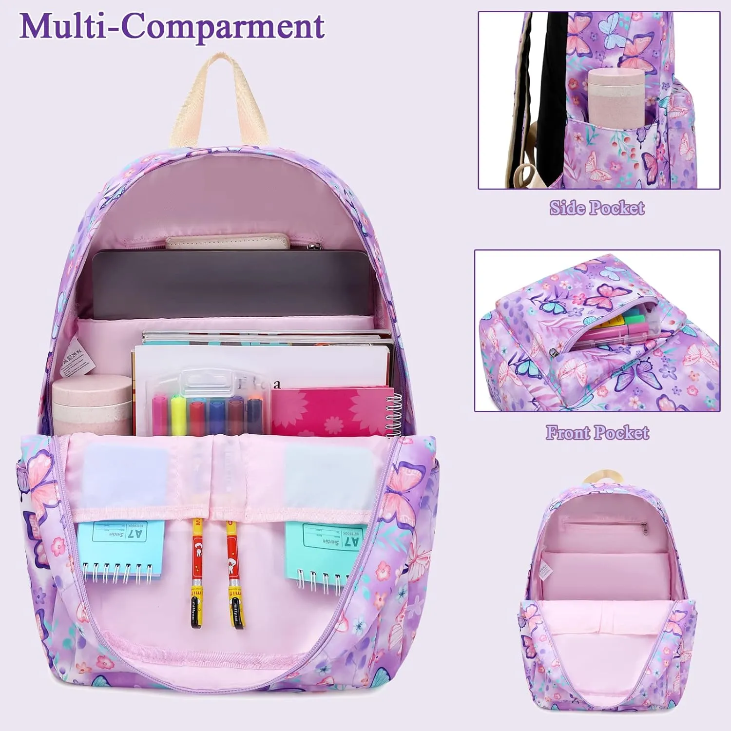 Octsky Kids Backpack for Girls Teens Elementary Middle School Bookbags Childs Back to School Bag with Lunch Box, Purple/White, One Size