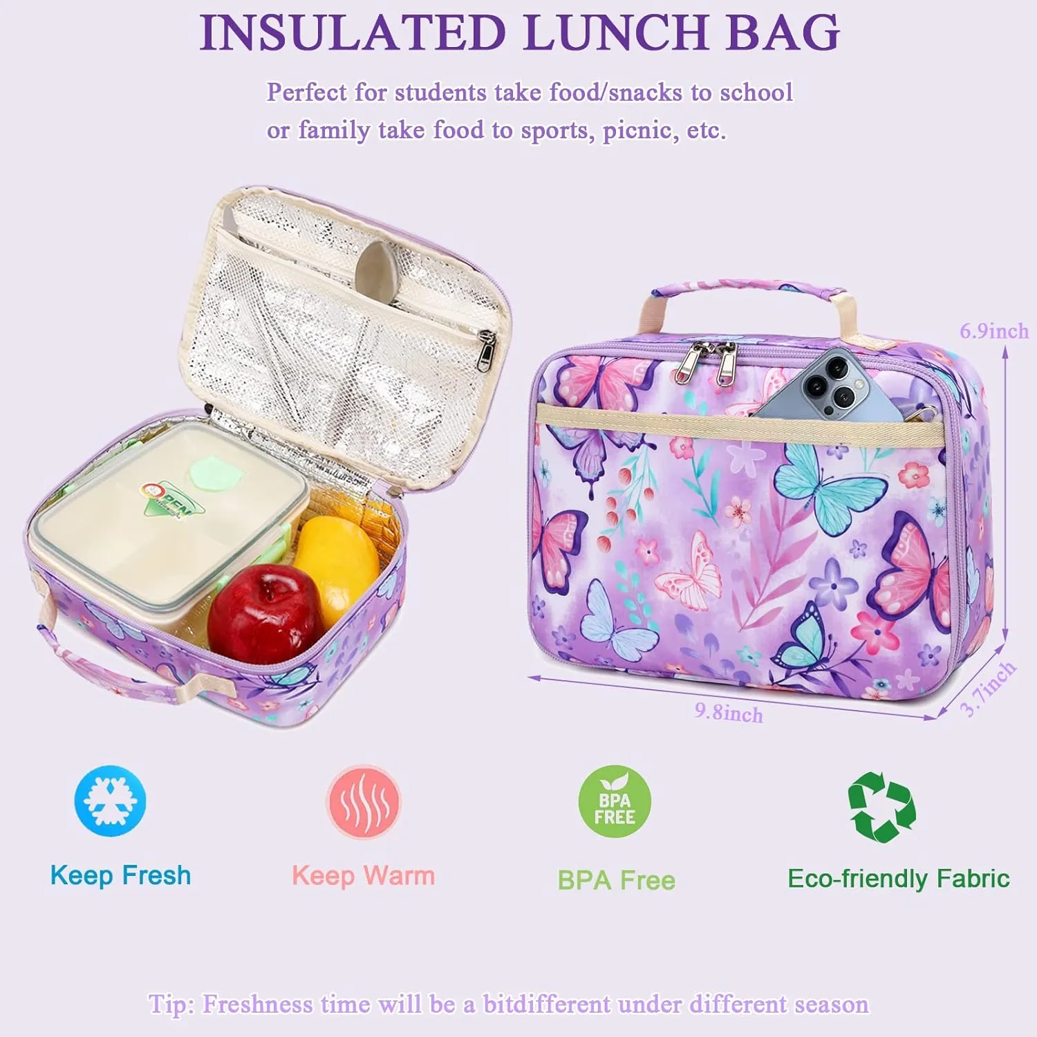 Octsky Kids Backpack for Girls Teens Elementary Middle School Bookbags Childs Back to School Bag with Lunch Box, Purple/White, One Size