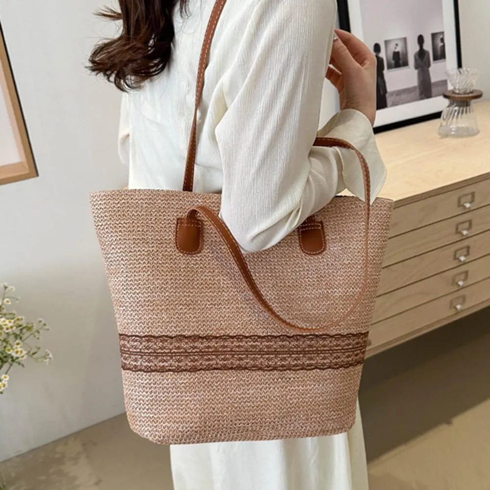 Octwine Brown Tote Bag Straw Beach Bag Summer Handwoven Tote Bags Purse Handle Straw Handbag Clutch for Women