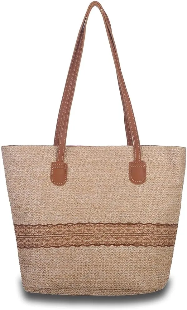 Octwine Brown Tote Bag Straw Beach Bag Summer Handwoven Tote Bags Purse Handle Straw Handbag Clutch for Women