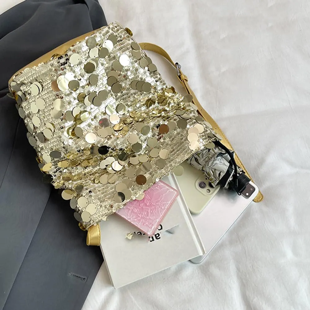 Octwine Shinny Silver Black Sequin Bag Bucket Purse Handbag Shoulder Bags Crossbody Bag Party Prom Crossbody Bag for Women