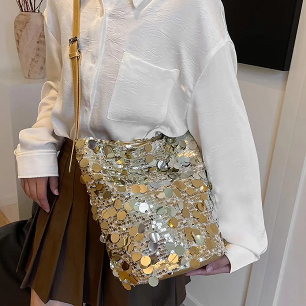 Octwine Shinny Silver Black Sequin Bag Bucket Purse Handbag Shoulder Bags Crossbody Bag Party Prom Crossbody Bag for Women