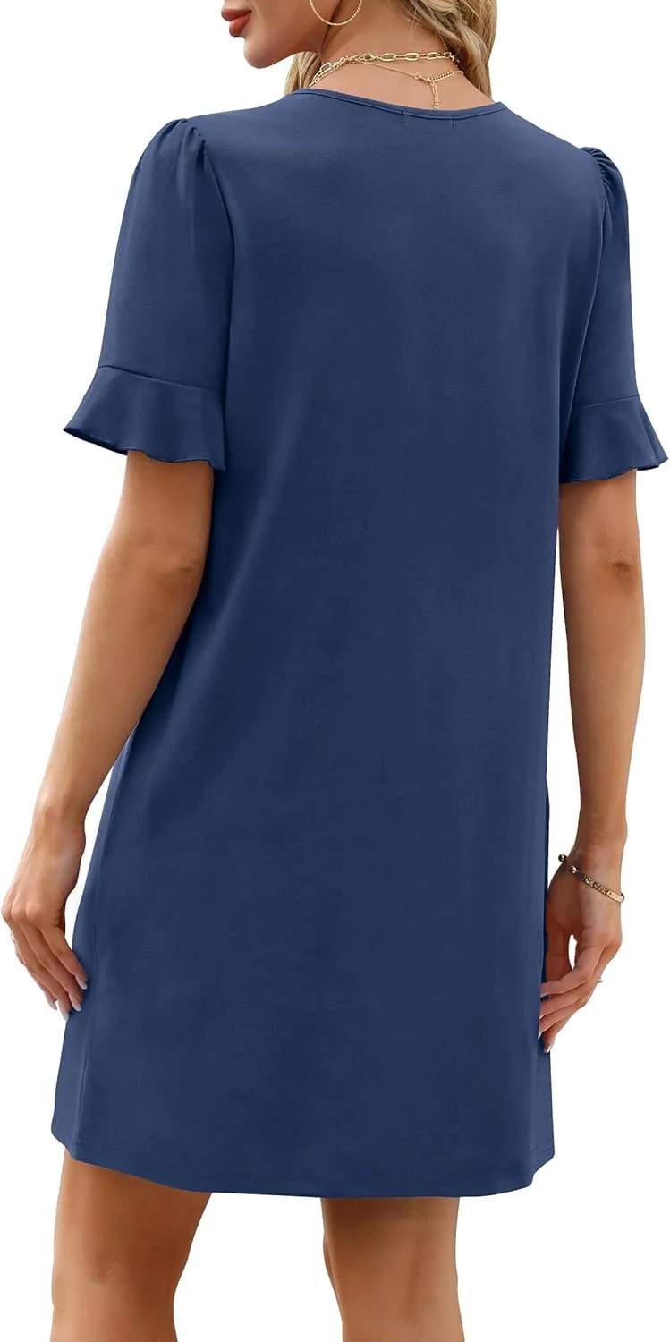 OFEEFAN Summer Dresses for Women Ruffle Short Sleeve V Neck Casual Shift Dress with Pockets