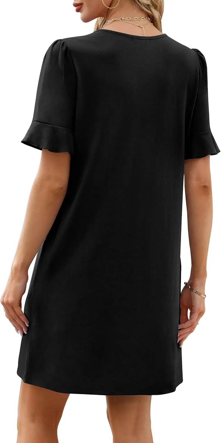 OFEEFAN Summer Dresses for Women Ruffle Short Sleeve V Neck Casual Shift Dress with Pockets