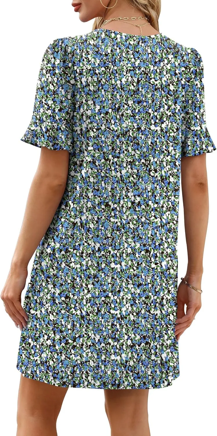 OFEEFAN Summer Dresses for Women Ruffle Short Sleeve V Neck Casual Shift Dress with Pockets