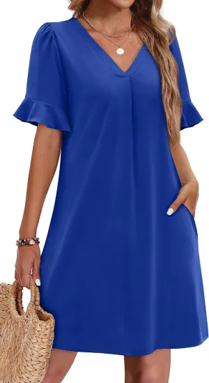 OFEEFAN Summer Dresses for Women Ruffle Short Sleeve V Neck Casual Shift Dress with Pockets