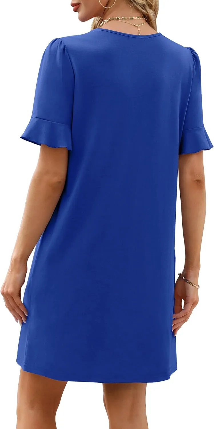 OFEEFAN Summer Dresses for Women Ruffle Short Sleeve V Neck Casual Shift Dress with Pockets