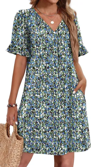 OFEEFAN Summer Dresses for Women Ruffle Short Sleeve V Neck Casual Shift Dress with Pockets