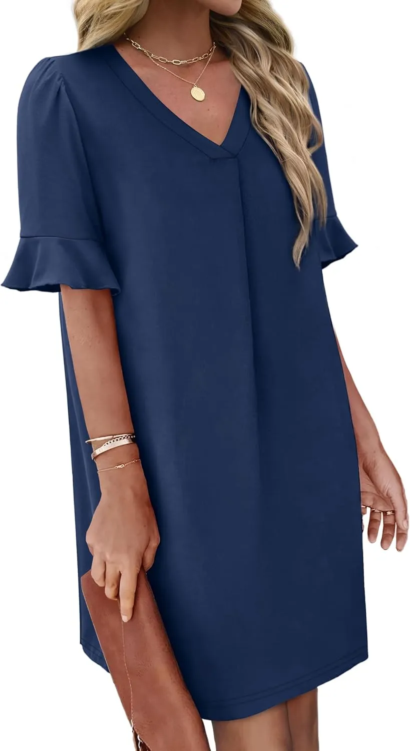 OFEEFAN Summer Dresses for Women Ruffle Short Sleeve V Neck Casual Shift Dress with Pockets