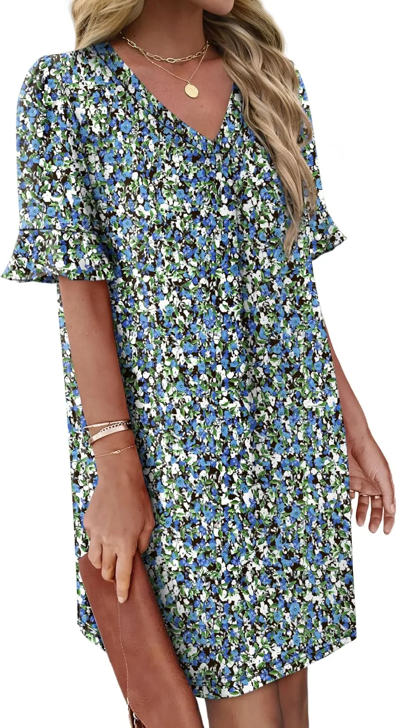OFEEFAN Summer Dresses for Women Ruffle Short Sleeve V Neck Casual Shift Dress with Pockets