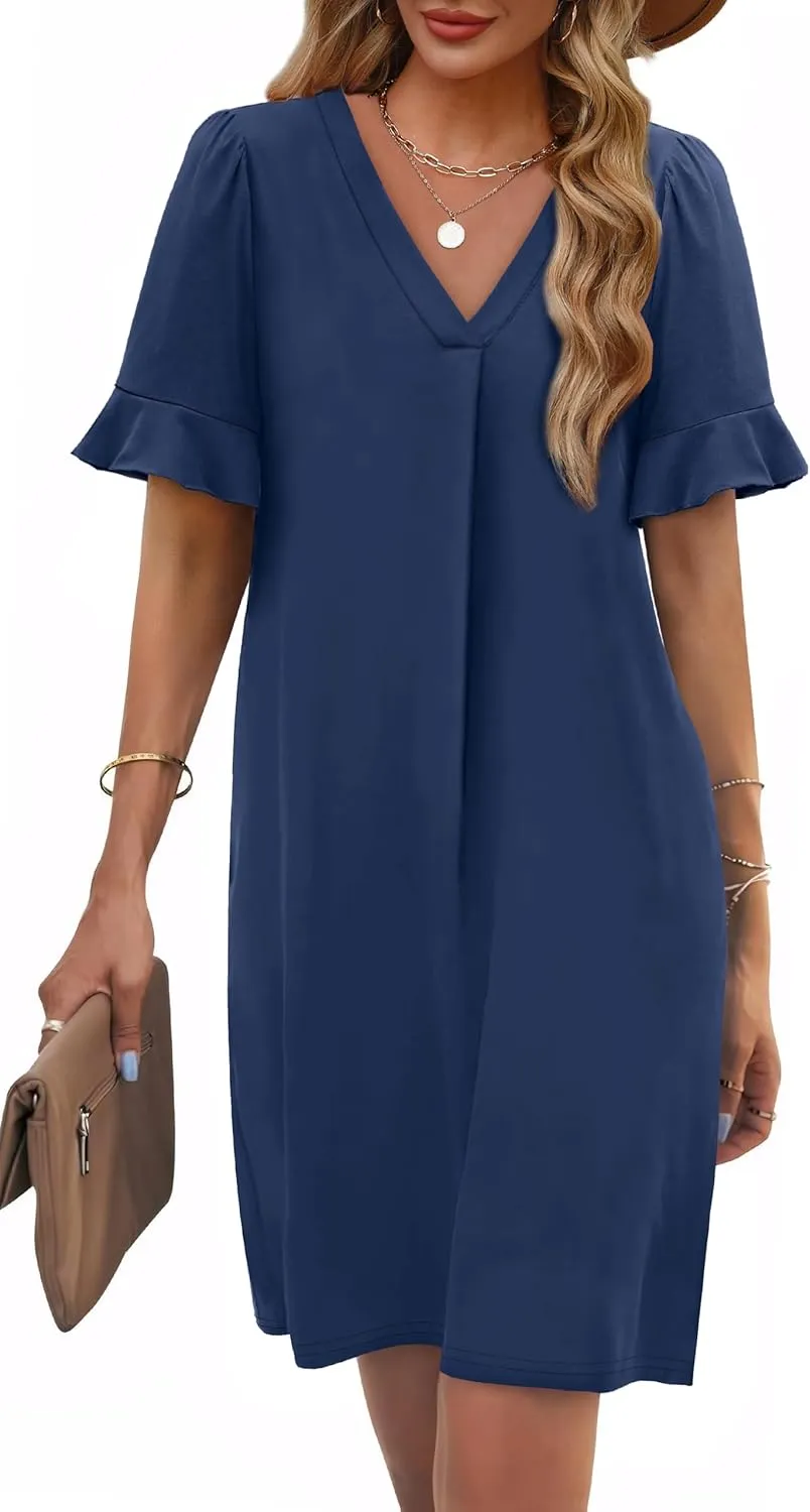 OFEEFAN Summer Dresses for Women Ruffle Short Sleeve V Neck Casual Shift Dress with Pockets