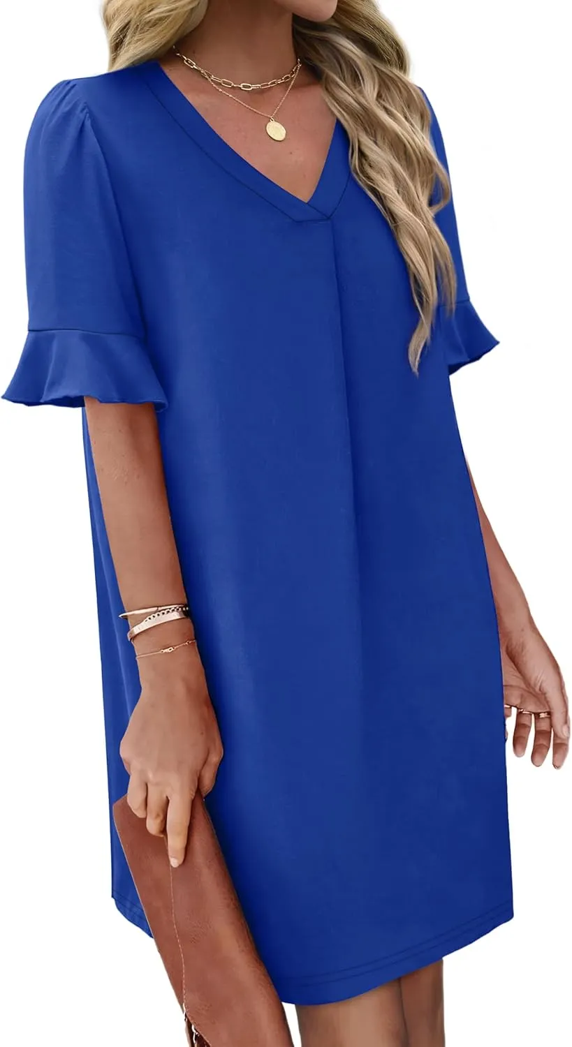 OFEEFAN Summer Dresses for Women Ruffle Short Sleeve V Neck Casual Shift Dress with Pockets