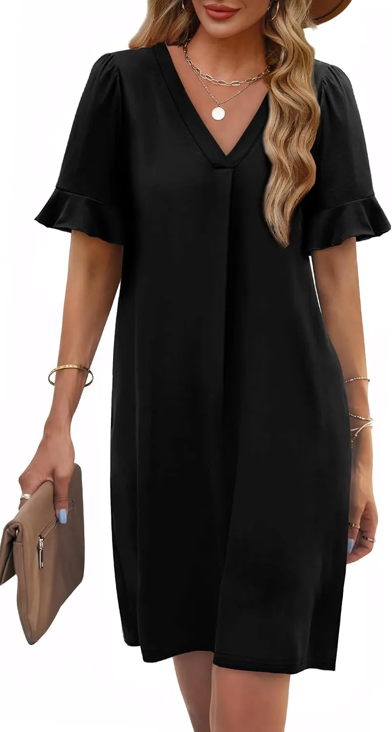 OFEEFAN Summer Dresses for Women Ruffle Short Sleeve V Neck Casual Shift Dress with Pockets