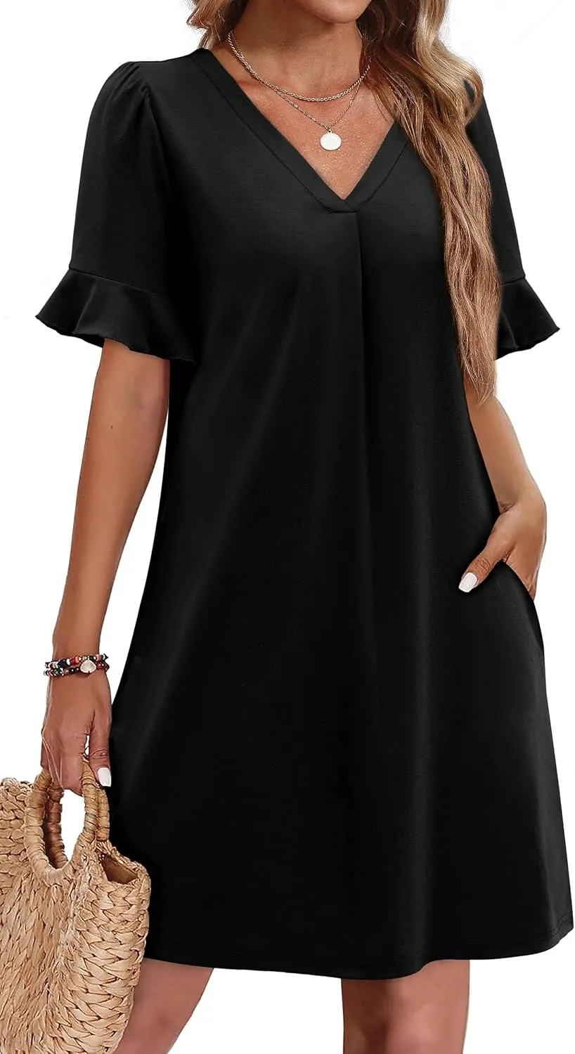 OFEEFAN Summer Dresses for Women Ruffle Short Sleeve V Neck Casual Shift Dress with Pockets