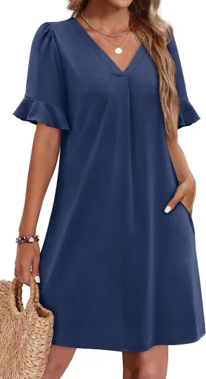 OFEEFAN Summer Dresses for Women Ruffle Short Sleeve V Neck Casual Shift Dress with Pockets