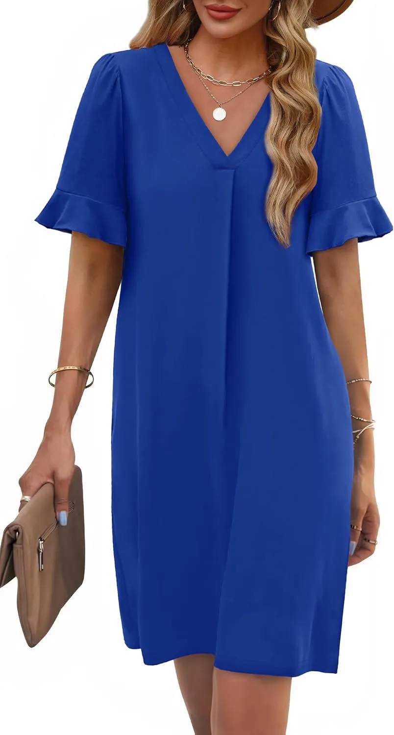 OFEEFAN Summer Dresses for Women Ruffle Short Sleeve V Neck Casual Shift Dress with Pockets