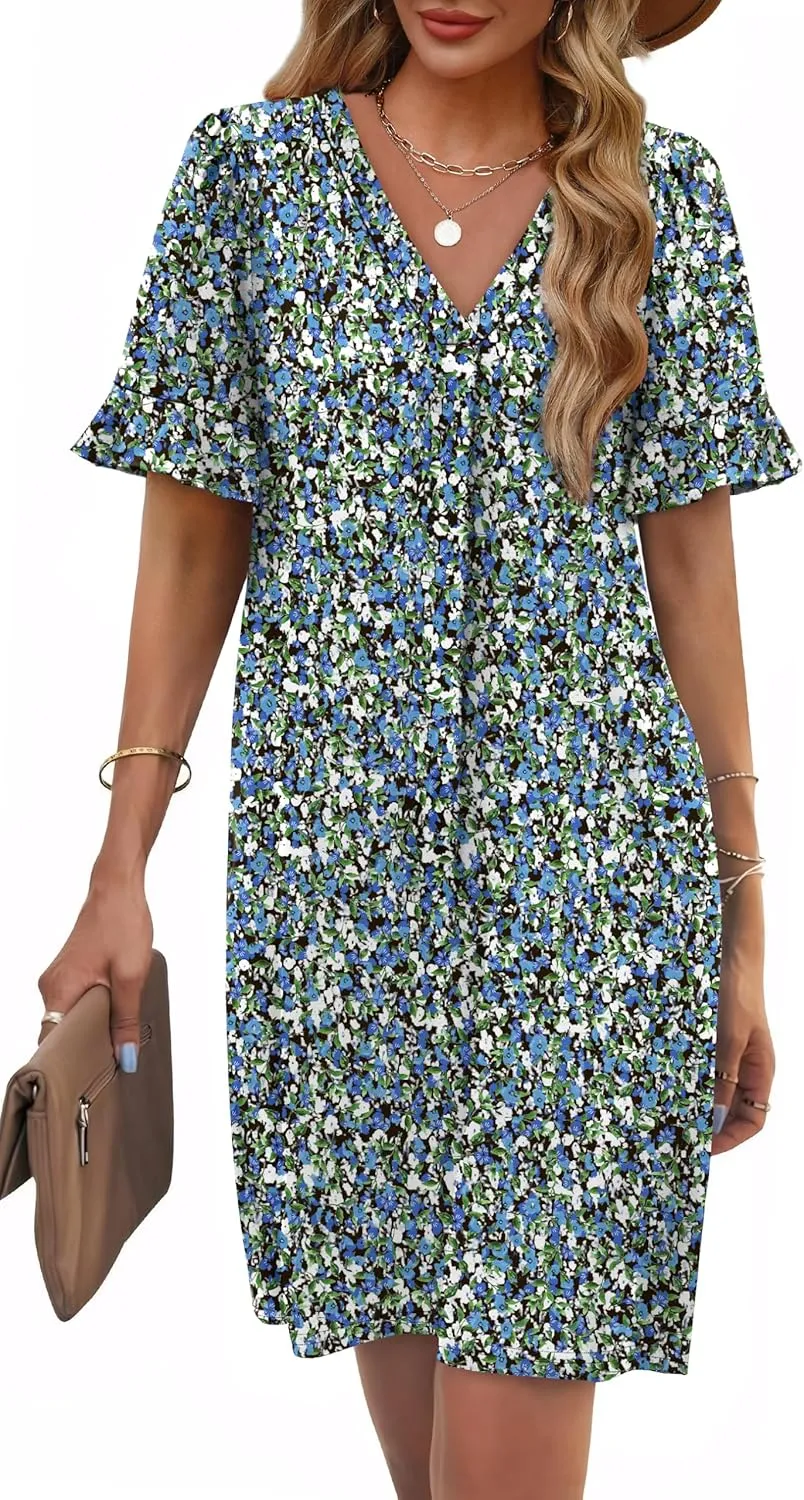 OFEEFAN Summer Dresses for Women Ruffle Short Sleeve V Neck Casual Shift Dress with Pockets