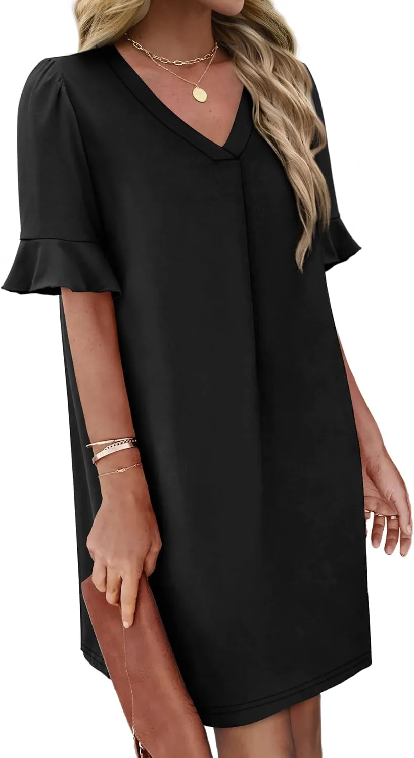 OFEEFAN Summer Dresses for Women Ruffle Short Sleeve V Neck Casual Shift Dress with Pockets