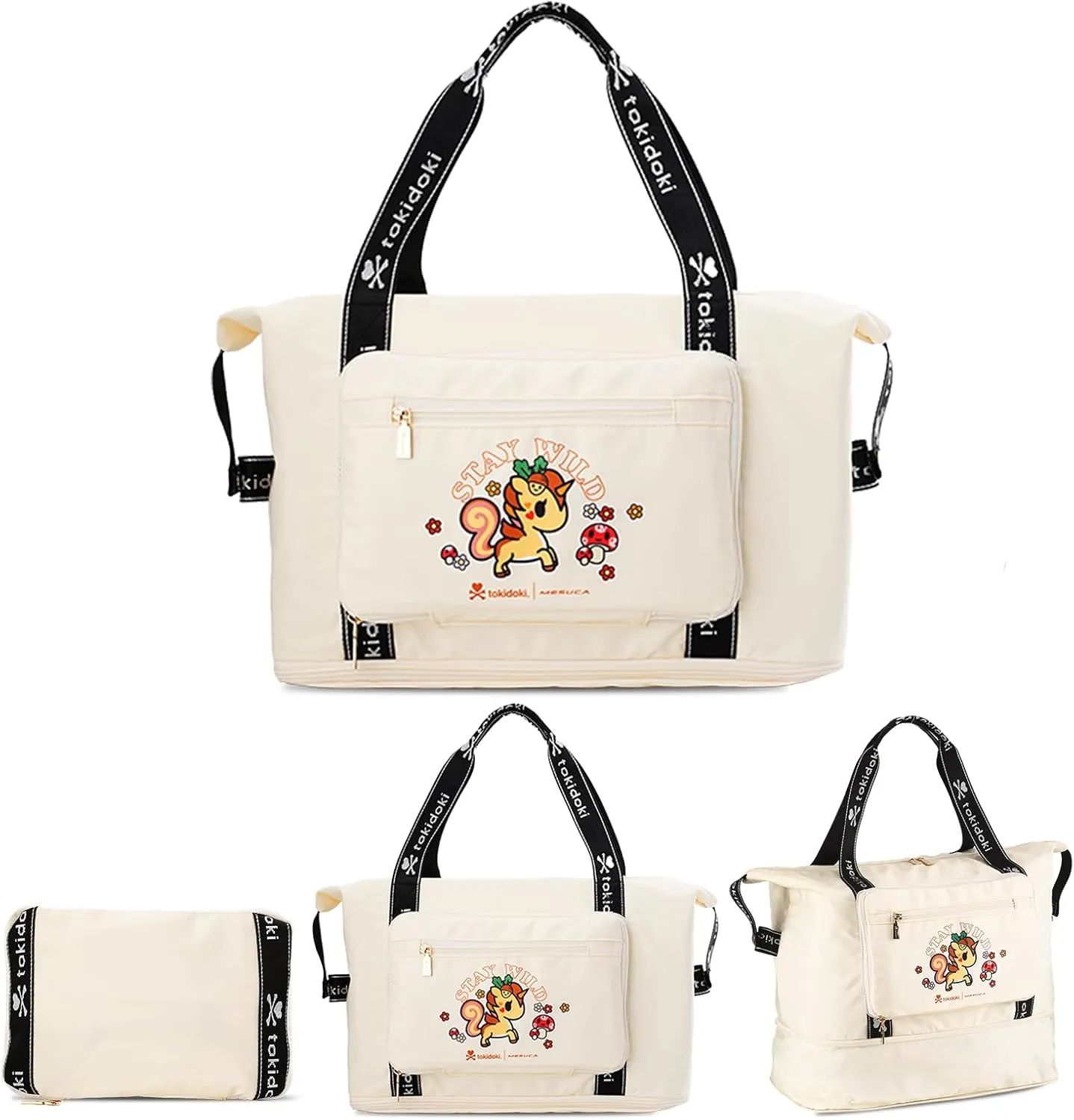 Official Licensed Tokidoki Duffle Bag Expandable Tokidoki Travel Duffel Bags for Women Large Capacity Travel Bags Unicorno Luggage Bag for Sports Gym Vacation (white)