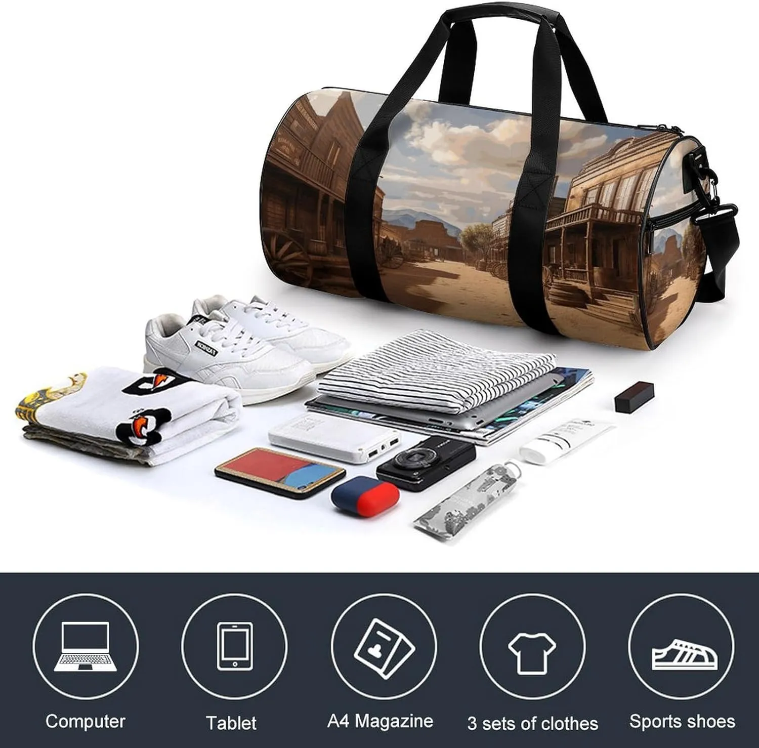 Old Wild West Cowboy Town Gym Bag Small Travel Duffle Bag with Compartment Carry On Weekender Bag for Women Men