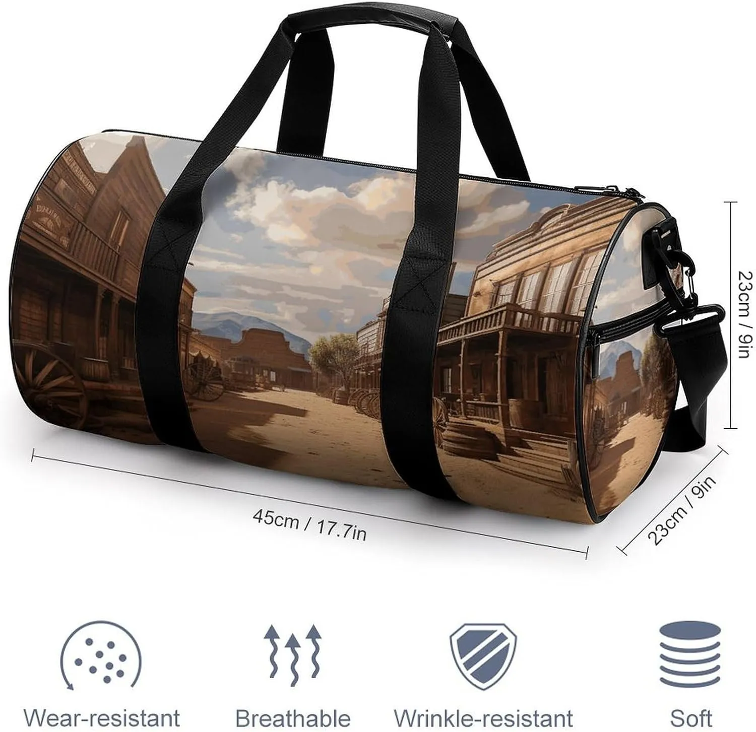 Old Wild West Cowboy Town Gym Bag Small Travel Duffle Bag with Compartment Carry On Weekender Bag for Women Men
