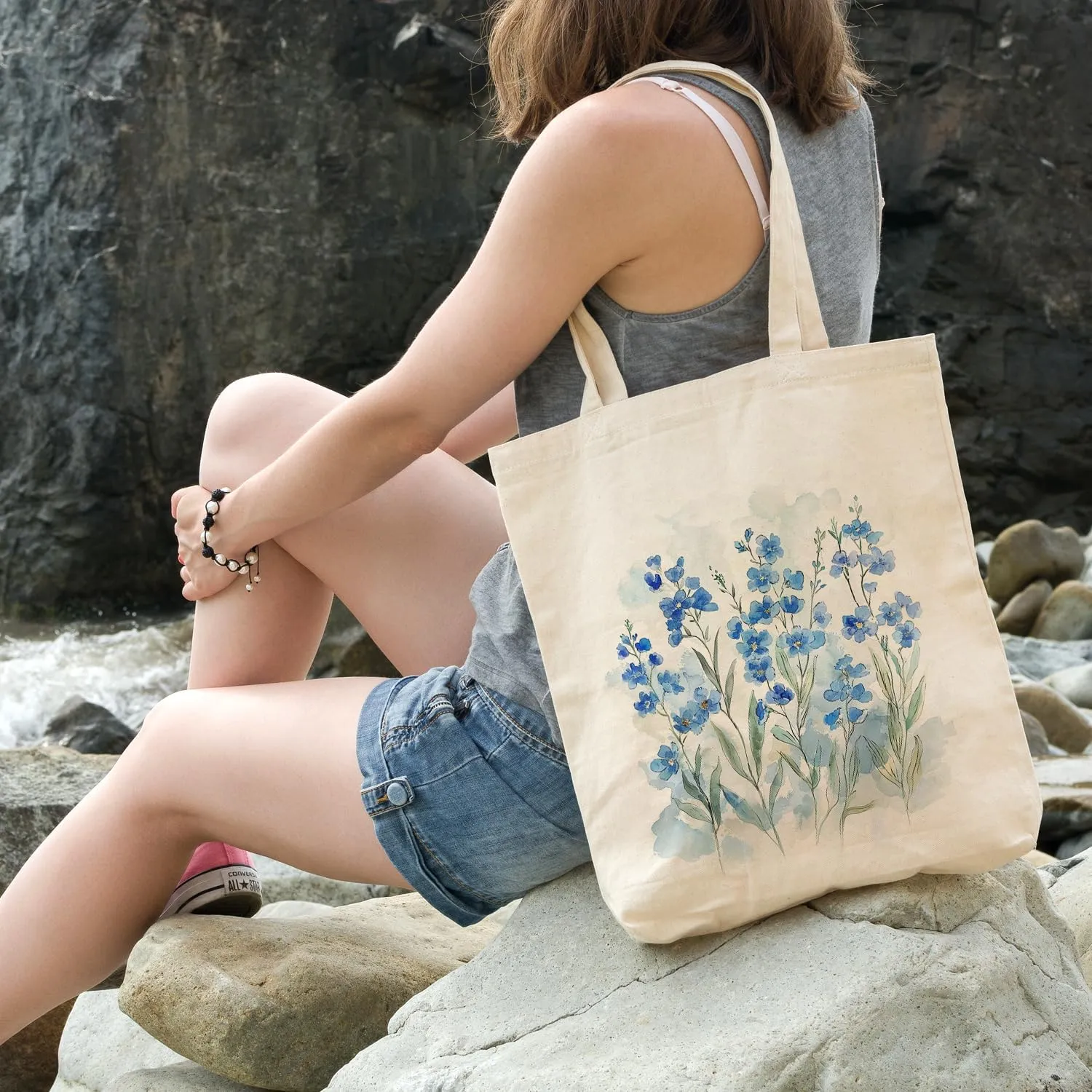 OUZ Flower Tote Bag, Aesthetic Wildflower Tote Bag, Canvas Tote Bag for Women Beach Bag Shopping Bags Reusable Grocery Bags