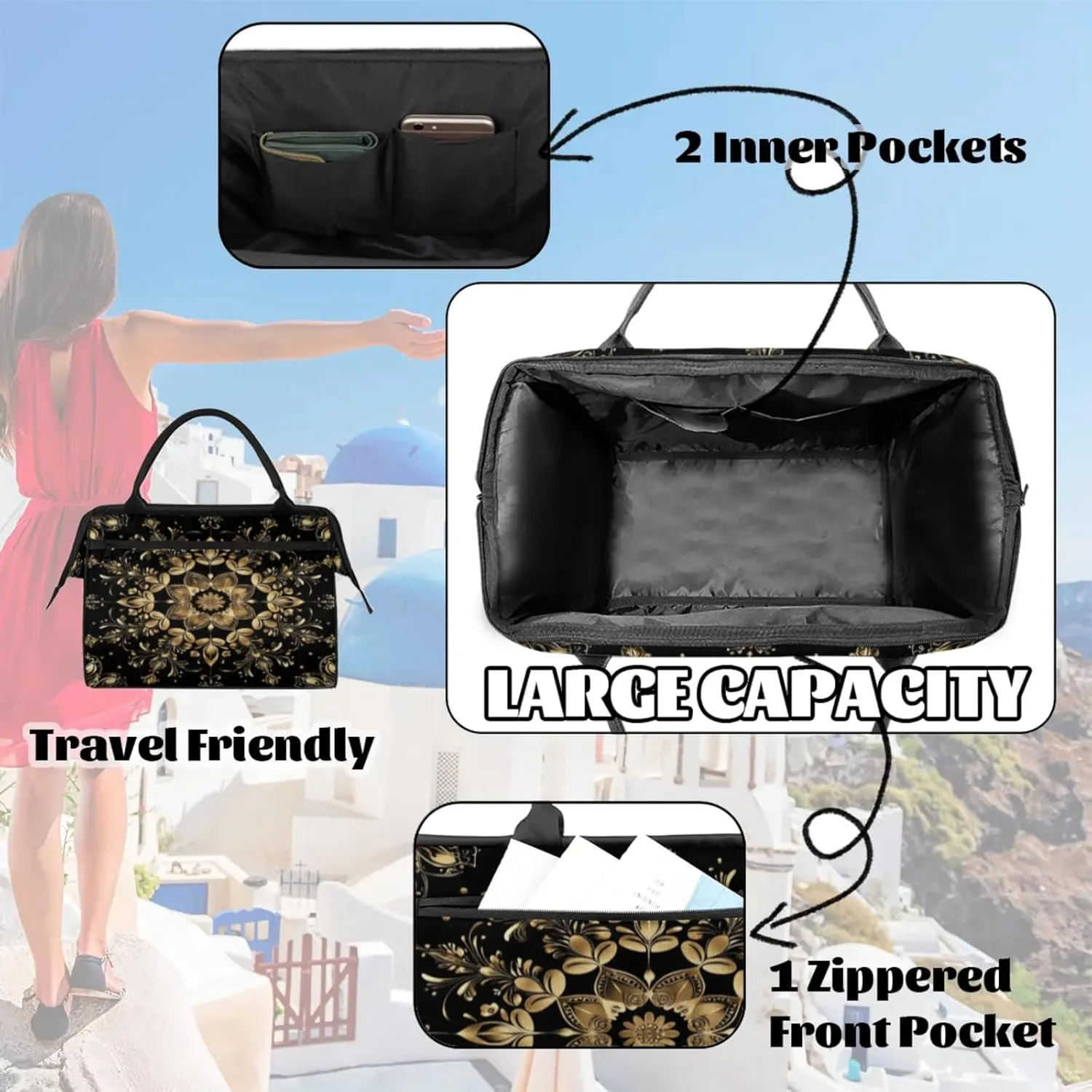 Overnight Weekender Bag for Women Men Carpet Texture Golden Black Waterproof Carry On Travel Duffel Bags with Zipper Lightweight Sports Gym Bag Luggage Workout Handle Bags for Traveling Yoga Camping