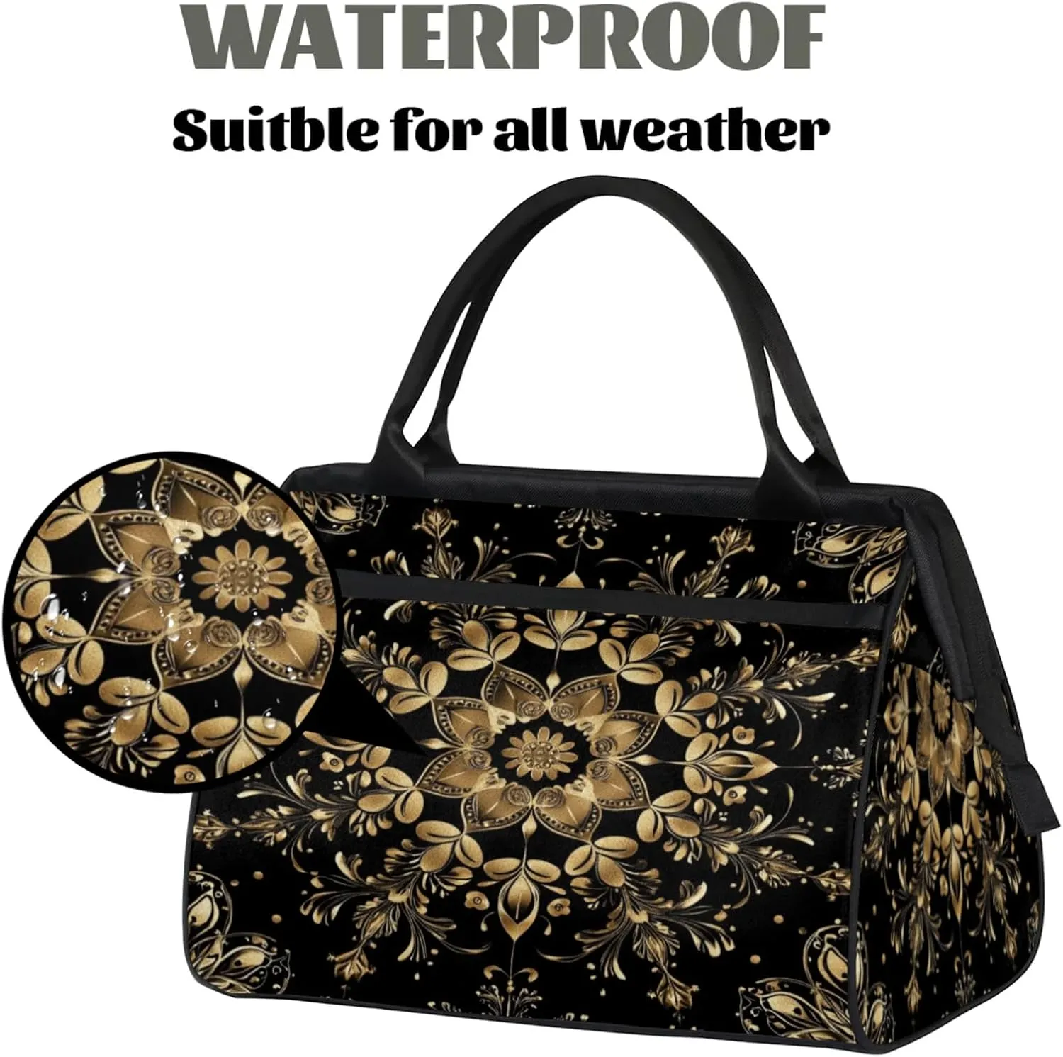 Overnight Weekender Bag for Women Men Carpet Texture Golden Black Waterproof Carry On Travel Duffel Bags with Zipper Lightweight Sports Gym Bag Luggage Workout Handle Bags for Traveling Yoga Camping