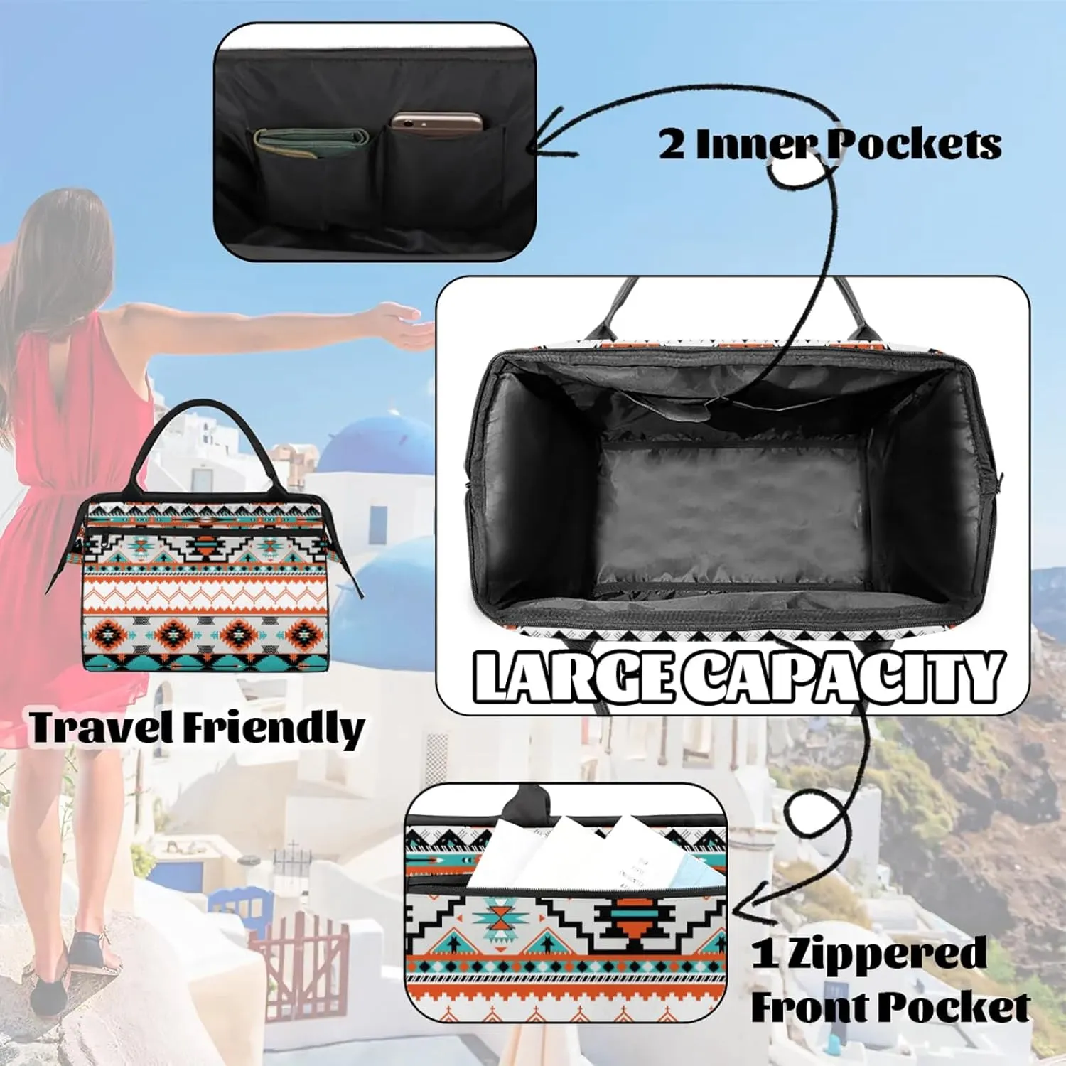 Overnight Weekender Bag for Women Men Western Ethnic Geometric Waterproof Carry On Travel Duffel Bags with Zipper Lightweight Sports Gym Bag Luggage Workout Handle Bags for Traveling Yoga Camping