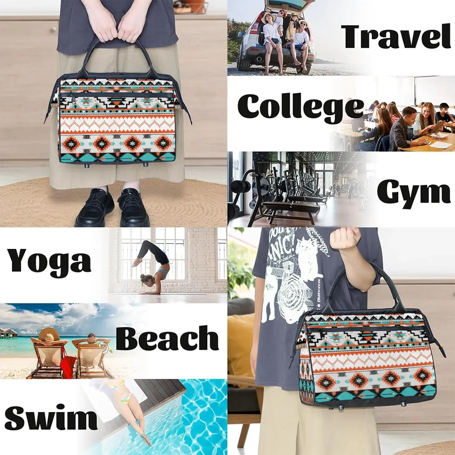 Overnight Weekender Bag for Women Men Western Ethnic Geometric Waterproof Carry On Travel Duffel Bags with Zipper Lightweight Sports Gym Bag Luggage Workout Handle Bags for Traveling Yoga Camping