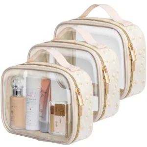 PACKISM Floral Texture TSA Approved Toiletry Bag - 180° Large Opening Clear Makeup Bags with Handle, Easily Access, Quart Size Travel Bag TSA Approved, Thick Non-deformable No Smell, Beige