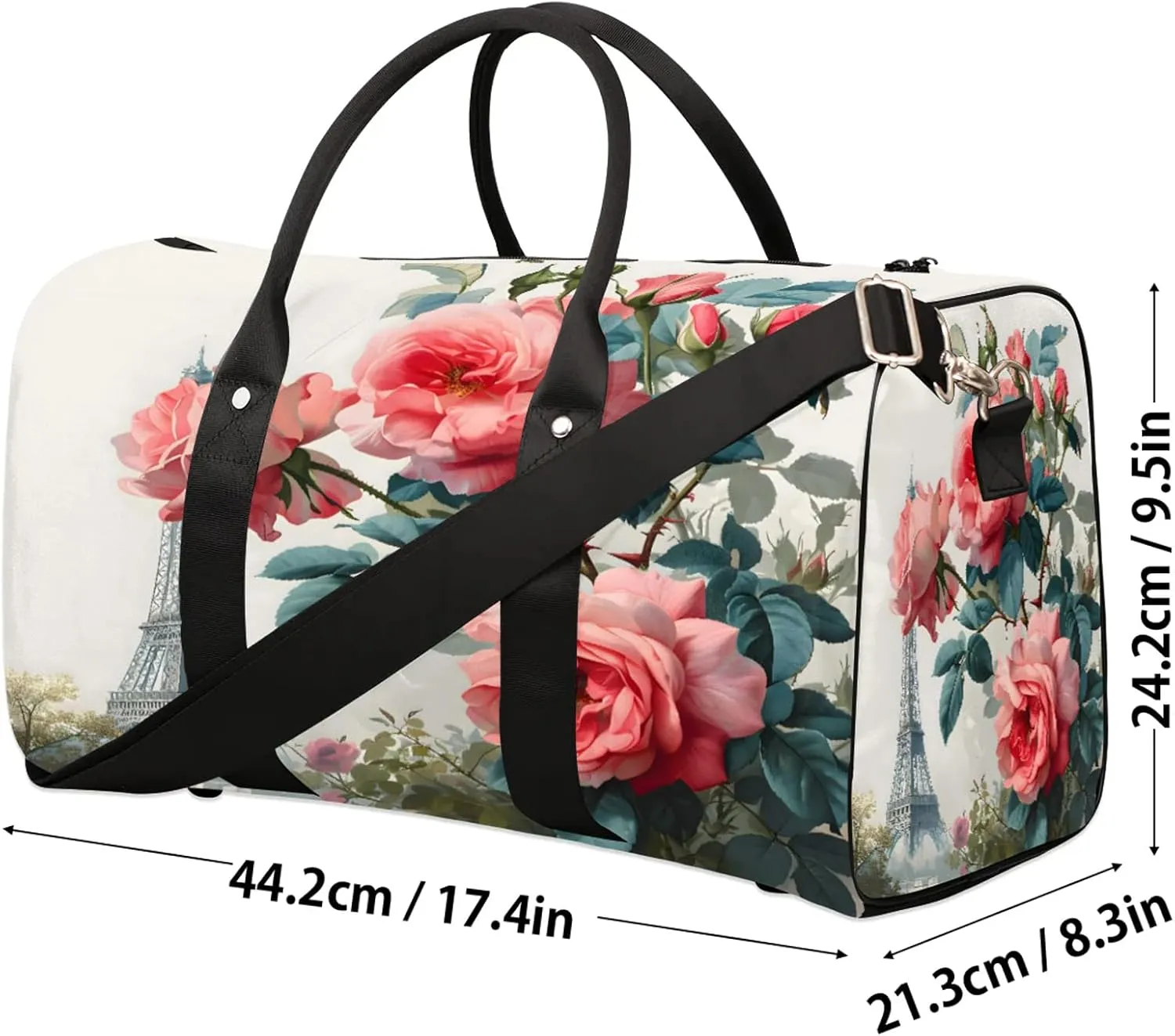 Paris Eiffel Tower Rose Flowers Travel Duffle Bag, Sports Gym Bags for Women Men, Carry On Weekender Overnight Workout Airplane Trips Bag