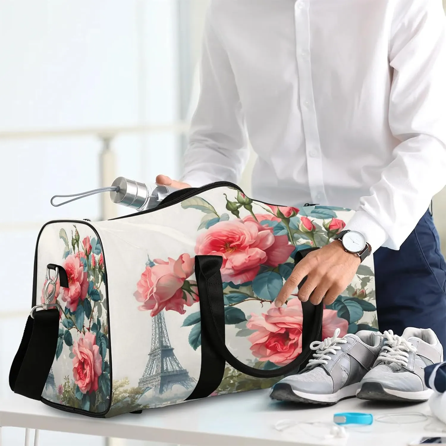 Paris Eiffel Tower Rose Flowers Travel Duffle Bag, Sports Gym Bags for Women Men, Carry On Weekender Overnight Workout Airplane Trips Bag