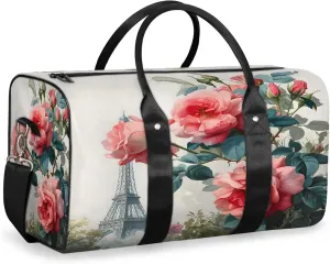 Paris Eiffel Tower Rose Flowers Travel Duffle Bag, Sports Gym Bags for Women Men, Carry On Weekender Overnight Workout Airplane Trips Bag