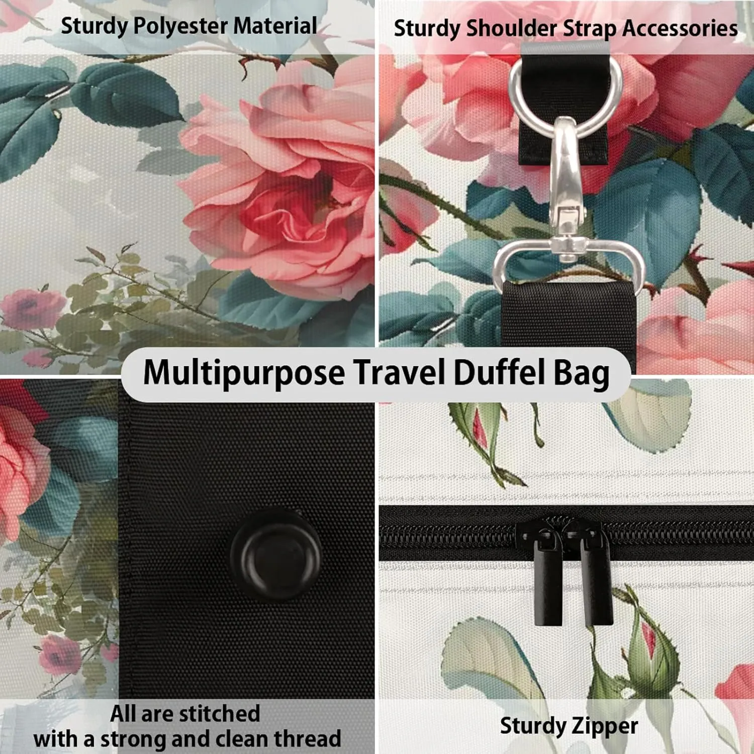 Paris Eiffel Tower Rose Flowers Travel Duffle Bag, Sports Gym Bags for Women Men, Carry On Weekender Overnight Workout Airplane Trips Bag